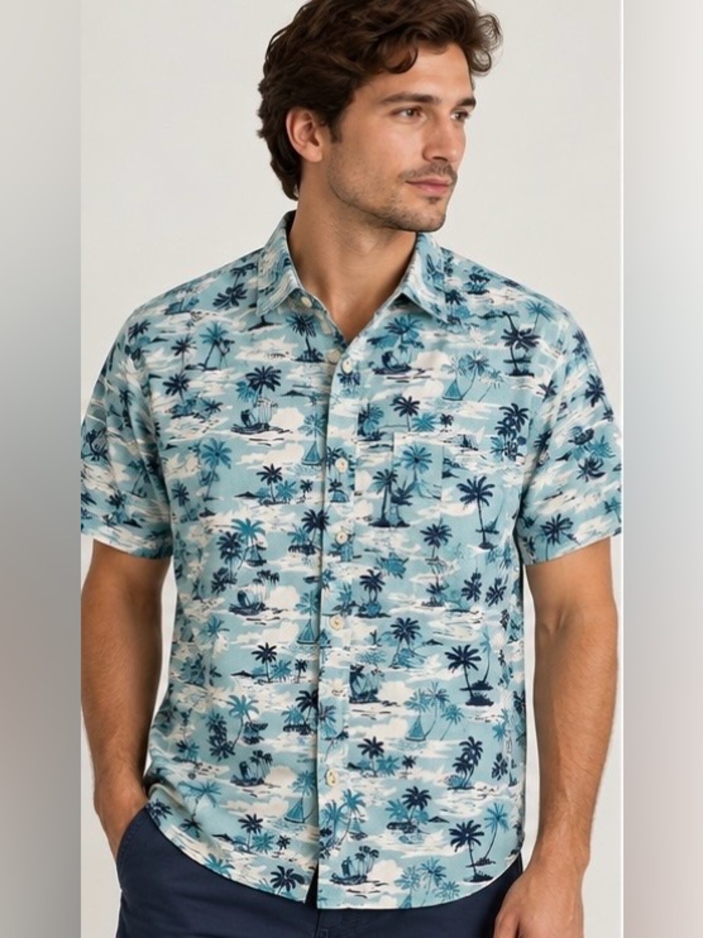 Cactus Blue Palm-Print Short-Sleeve Button-Down